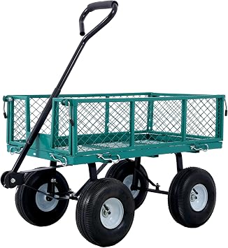 Heavy Duty Steel Garden Cart, 550 Lbs Yard and Garden Wagon, 10" Pneumatic Tires, Removable Mesh Sides Convert to Flatbed, 180 Rotating Handle, Utility Wagon for Yard, Garden, Farm Green