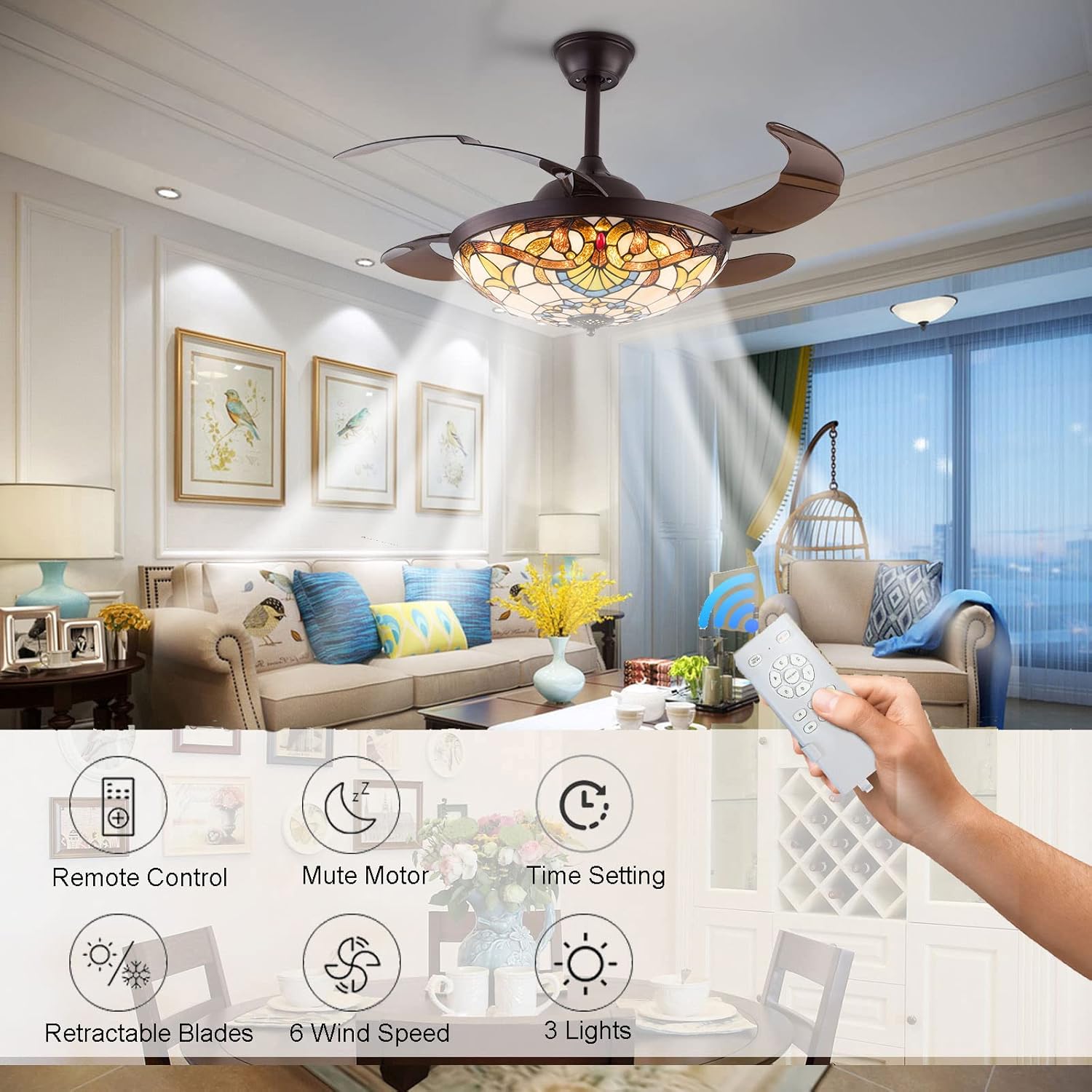 42 Inch Tiffany Retractable Ceiling Fan with Lights and Remote Modern Reversible Fandelier Ceiling Fan Light Kit for Living Room Bedroom Kitchen 3 Color Speed Adjustable Smart Fan