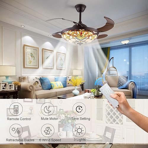 Miniatura 6 de Ventiladores de techo LED Tiffany de 42 pulgadas con control remoto de luz, 4 cuchillas retráctiles, motor silencioso, 6 velocidades y 3 cambios de