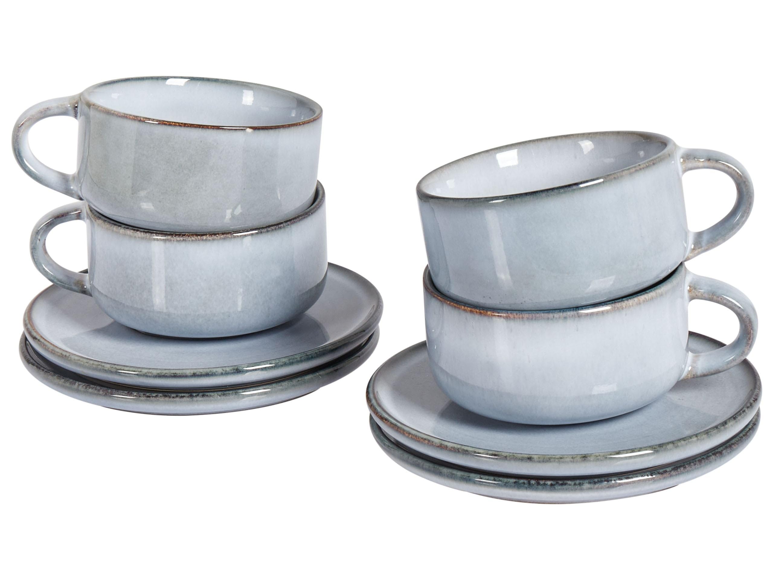 Set aus 4 Tassen mit Untertassen Tee Kaffee Steingut Kaolin Handgefertigt Reaktive Glasur Finish Hellblau Juniper