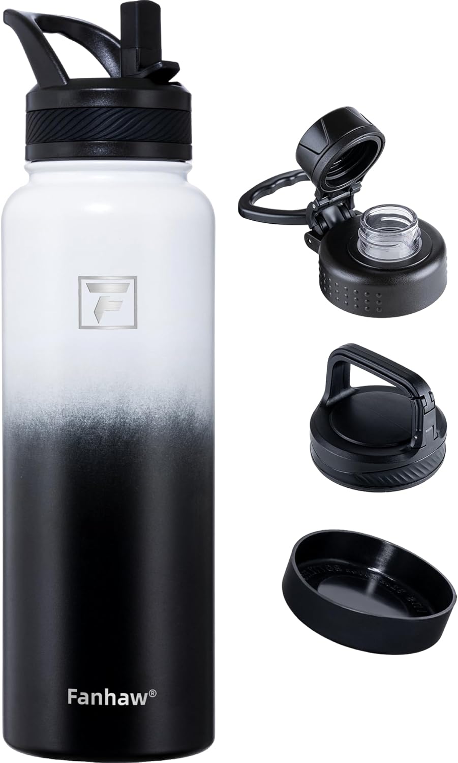 Fanhaw 40 oz Insulated Water Bottle – Stainless Steel Flask with 3 Lids (Straw, Spout, Carabiner) | Durable, Leakproof, for Hiking, Camping, Outdoor Adventures & Travel (White Black)