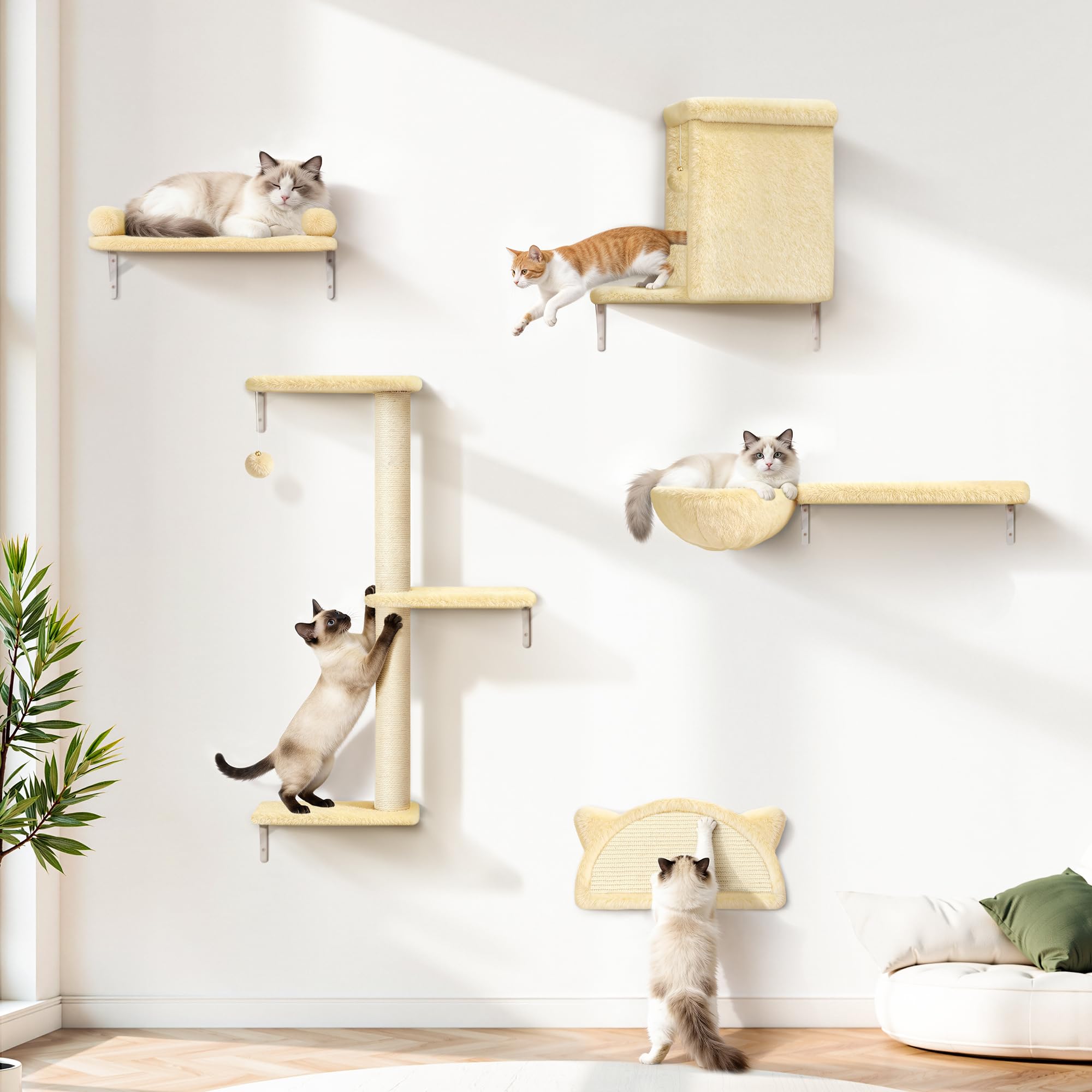 5-in-1 Cat Wall Shelves (Natural Wood + Velvet + Sisal), 44lbs Max Load, Space-Saving Wall Mounted Cat Furniture for Climber, Wooden Cat Climbing System for Solid Wall & 16 Inch Drywall - Beige