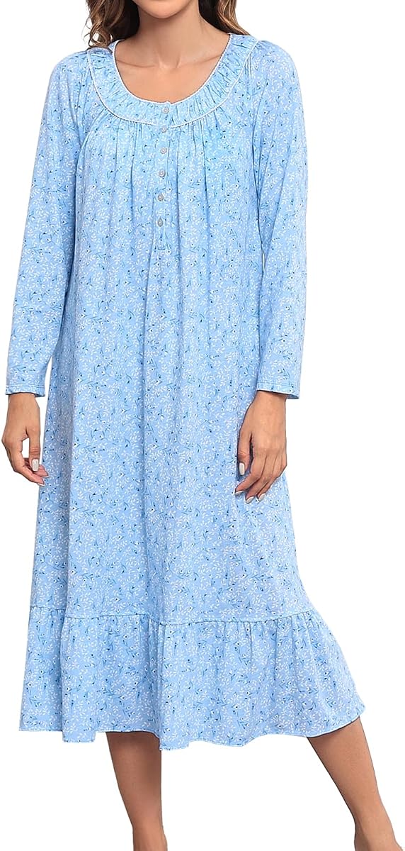 FMIRREO Cotton Nightgowns for Women Long Sleeve Soft Long Warm Nightdress Kintted Night Gown Ladies Nightdress