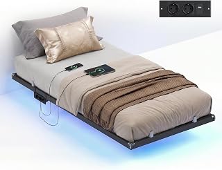 VASAGLE Floating Bed Frame with LED Lighting, Steel Frame, 90x200cm | Bed Frame, App Control, Noiseless, Matt Black, CONNER Collection RMB172B101