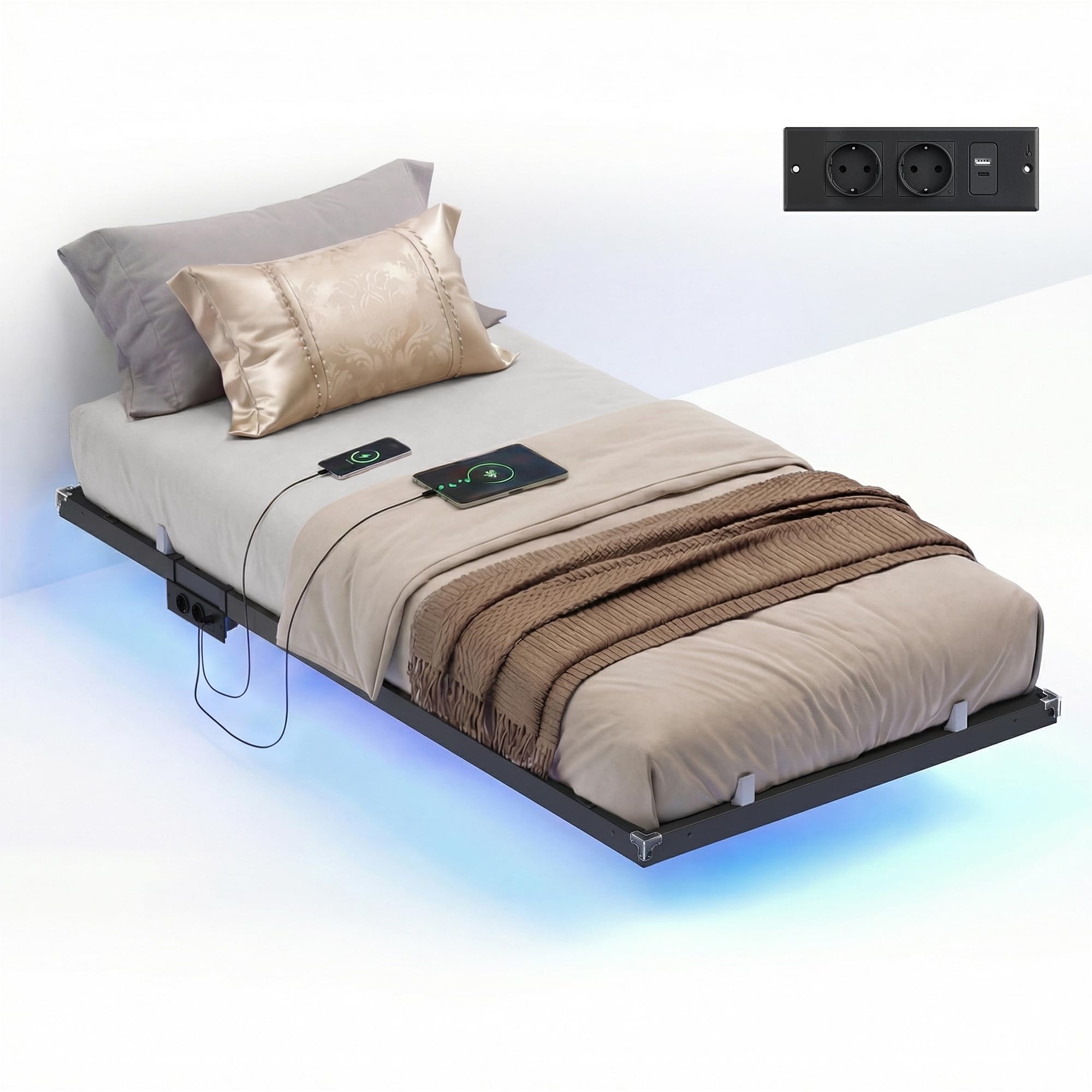 VASAGLE Marco de Cama 90 x 190 cm, Luces LED, Estación de Carga Extraíble, 2 Tomas CA, 1 Puerto USB-C, 1 Puerto USB-A, 1 en Posterior, Soporta hasta 250 kg, Negro Tinta RMB171B101