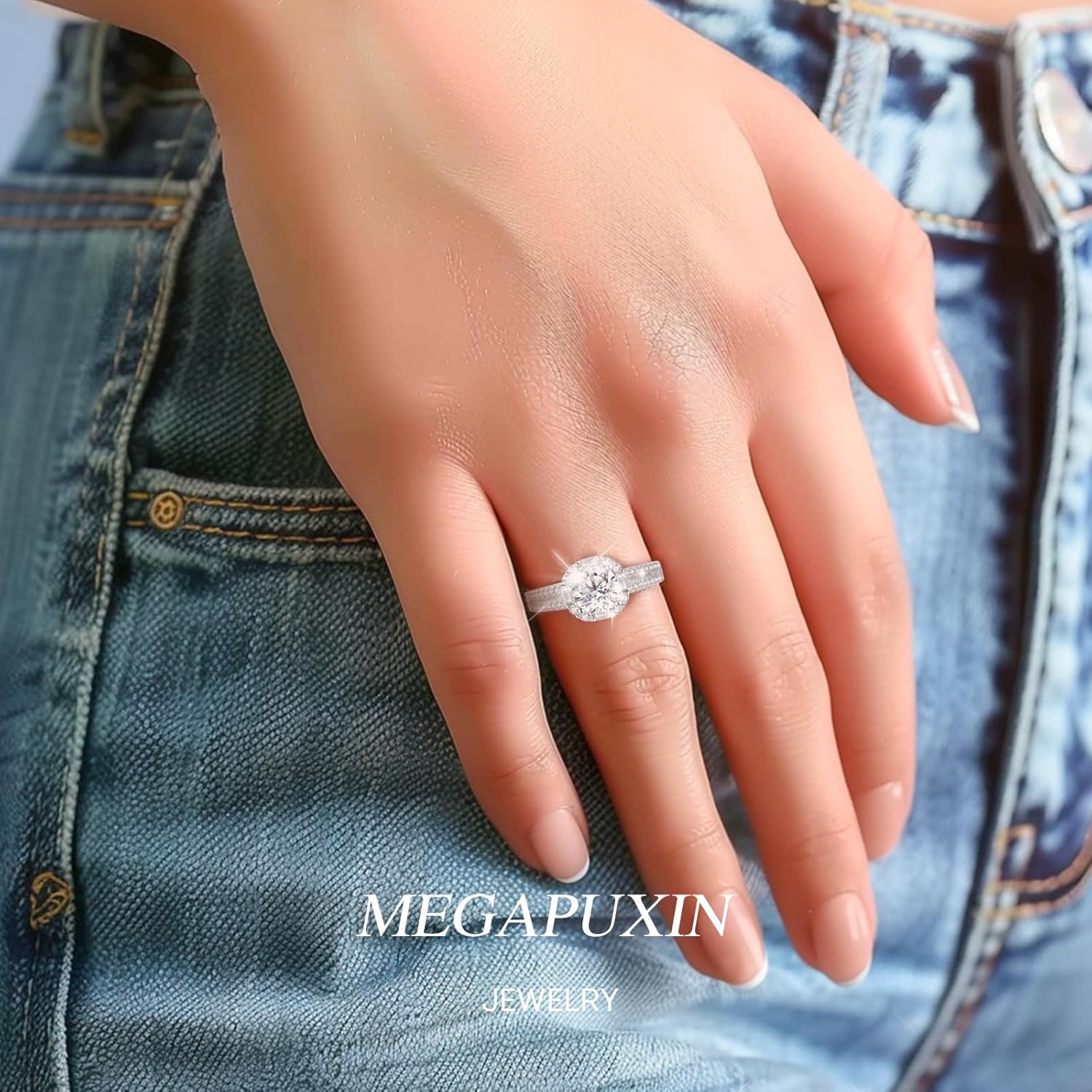 Moissanite Rings for Women, 1-2CT Engagement Promise Rings for Her, D Color VVS1 Lab Created Moissanite Wedding Band 18K White Gold Plated Eternity Moissanite Bridal Set Elegant Gifts