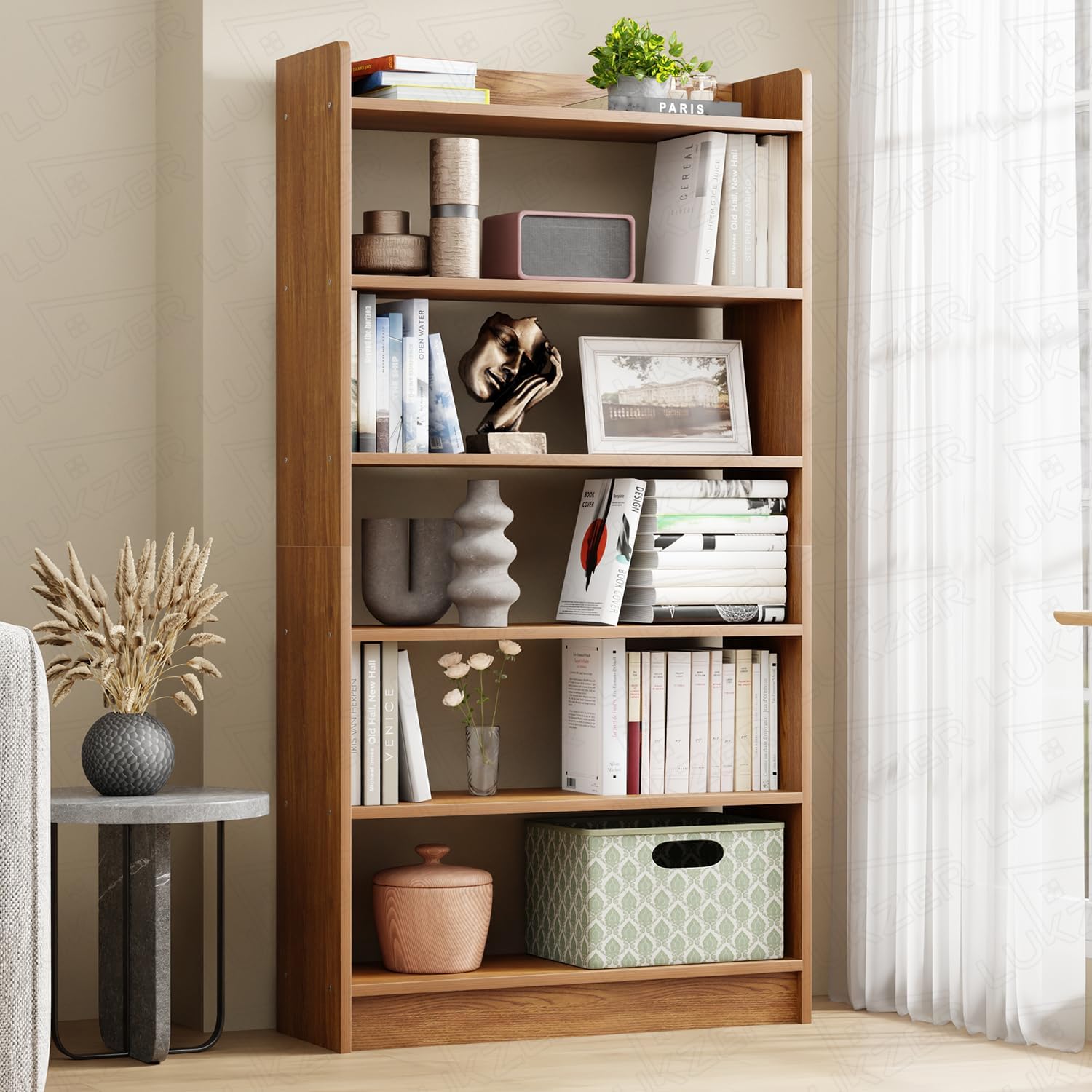 Lukzer Engineered Wood 6 Tier Bookcase Open Book Shelf Storage Cabinet (MR-007 / Brown Oak / 134 x 24 x 71cm) DIY(Do It Yourself)