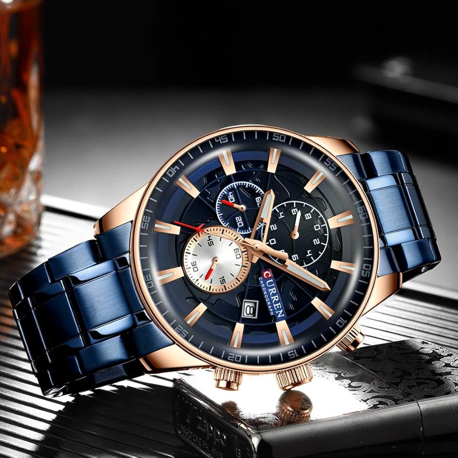 CURREN Orologio Uomo Multi Fuso Orario E Data – 48 Mm, Quarzo Giapponese, Blu