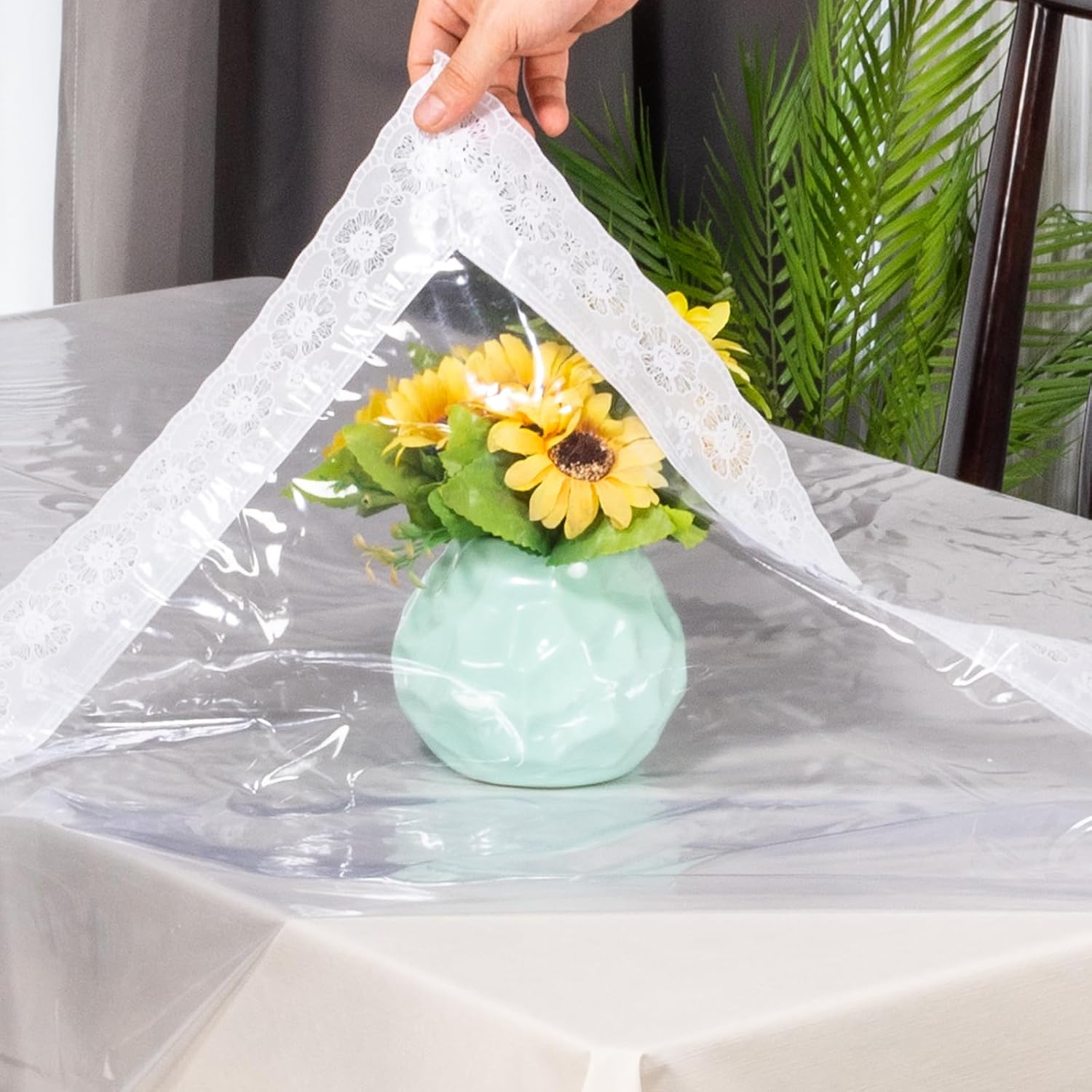 Lace Trim Tablecloth, Crystal Clear Vinyl, Waterproof Plastic Table Cover with Decorative White Border for Dining Tables (60x90in)