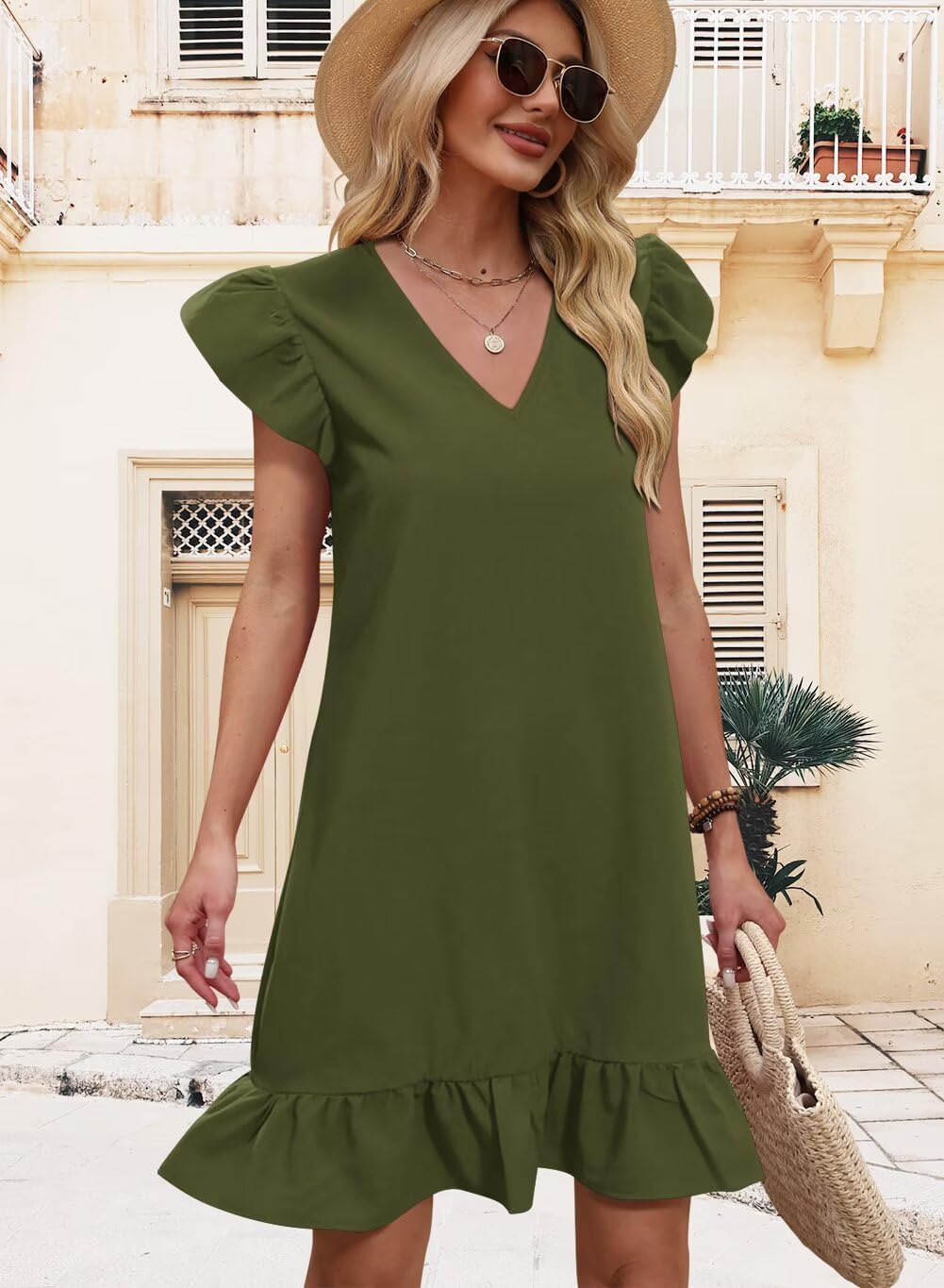QACOHU Spring Summer Dresses for Women 2026 V Neck Cap Sleeve Ruffle Hem Smock Short Casual Beach Dress - Image 3