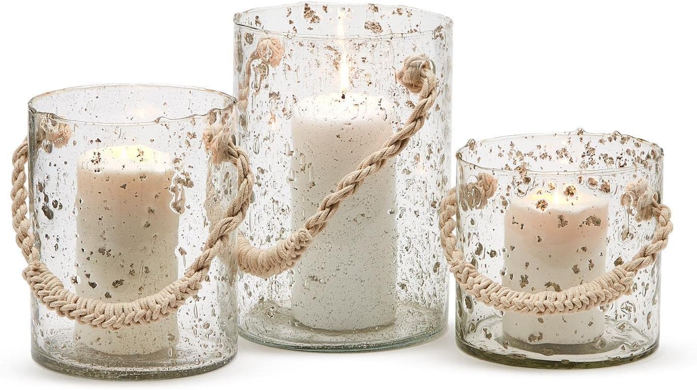 Two's Set Of 3 Antique Foil Cylinder Vase/Hurricane With Natural Rope Handle