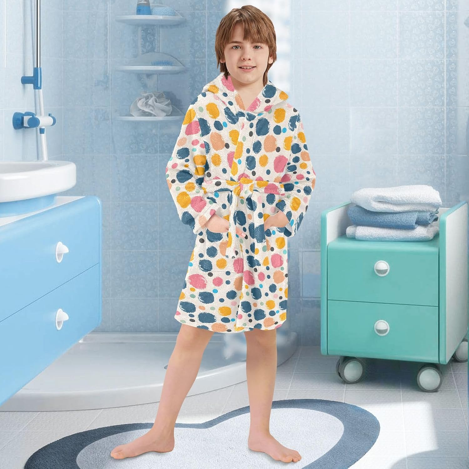 senya Polka Dots Colorful Toddler Hooded Bathrobe Kids Soft Plush Bath Towel Robes for Boys Girls 2-12 Years