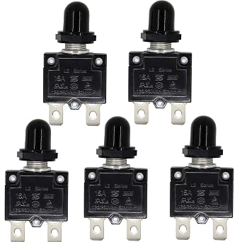 AC 125/250V Push Button Reset 15A Circuit Breakers Thermal Overload Protector with Quick Connect Terminals and Waterproof Button Black Cap5 Pcs