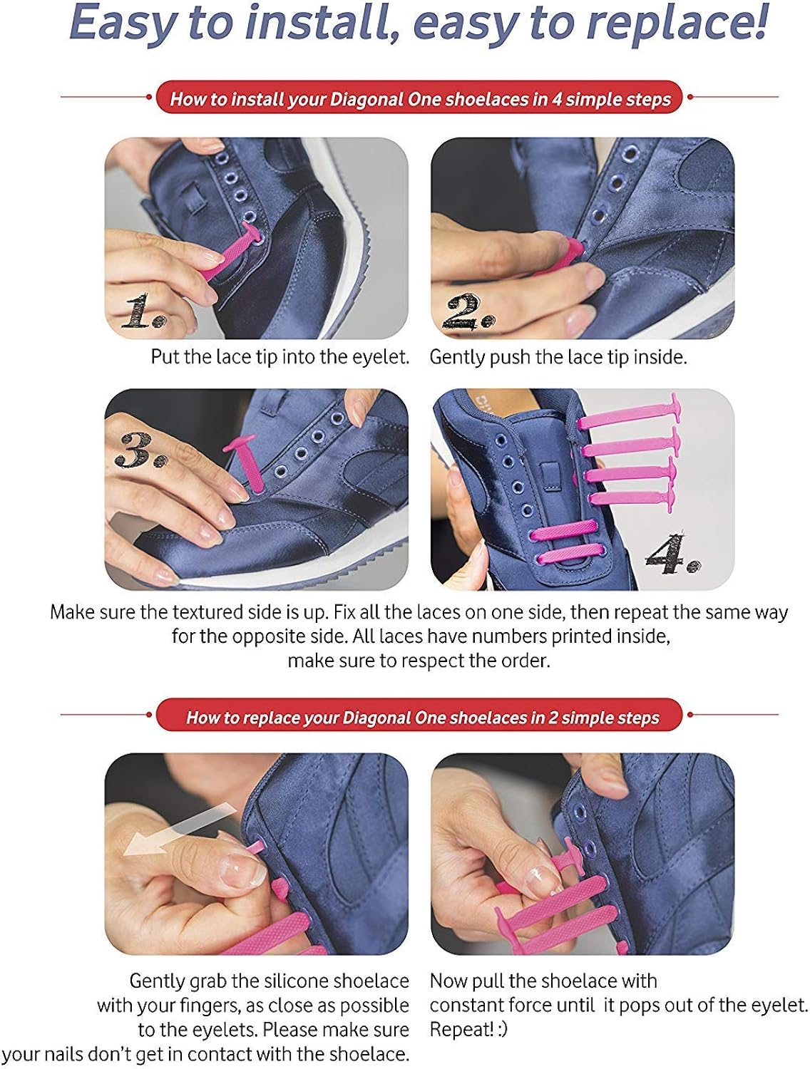 Diagonal One No Tie Shoelaces for Kids and Adults - Elastic Silicone Laces White : Sports & Outdoors