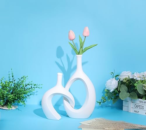 Miniatura 7 de Jarrón blanco para decoración  Moderno centro de mesa blanco redondo hueco bohemio para hierba de pampa y decoración de flores, jarrón blanco