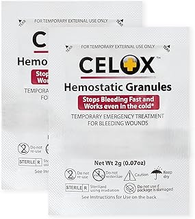 Celox’s Granular Hemostat First Aid Blood Clotting Powder for Wound Care, Camping Safety, and Quick Clot Solution for Moderate to Severe Bleeding, Aid to Stop Bleeding Products 2 Count ILIOS Packaged