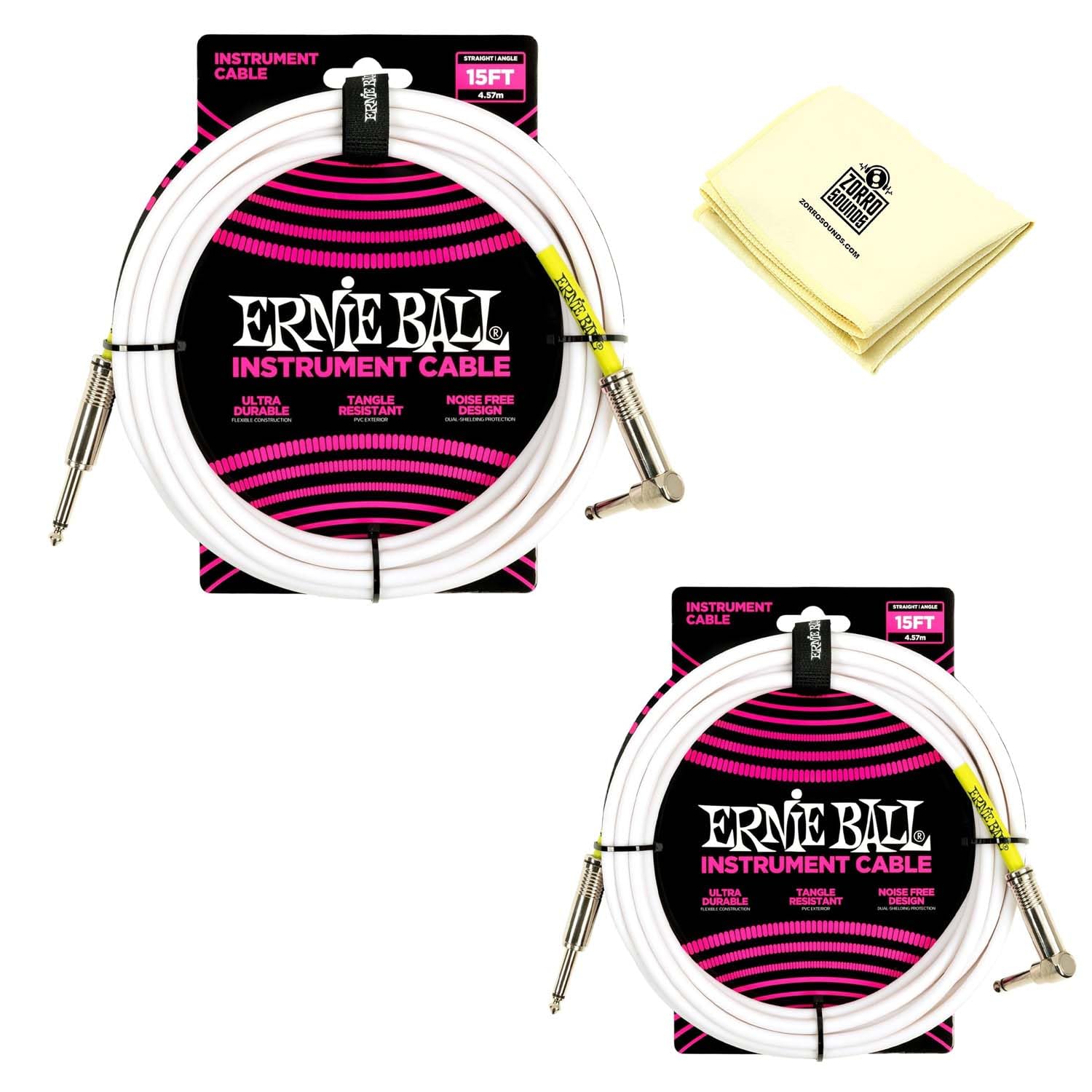 Ernie Ball Instrument Cable with Zorro Instrument Polishing Cloth - Pack of 2 (White, 15 Ft)