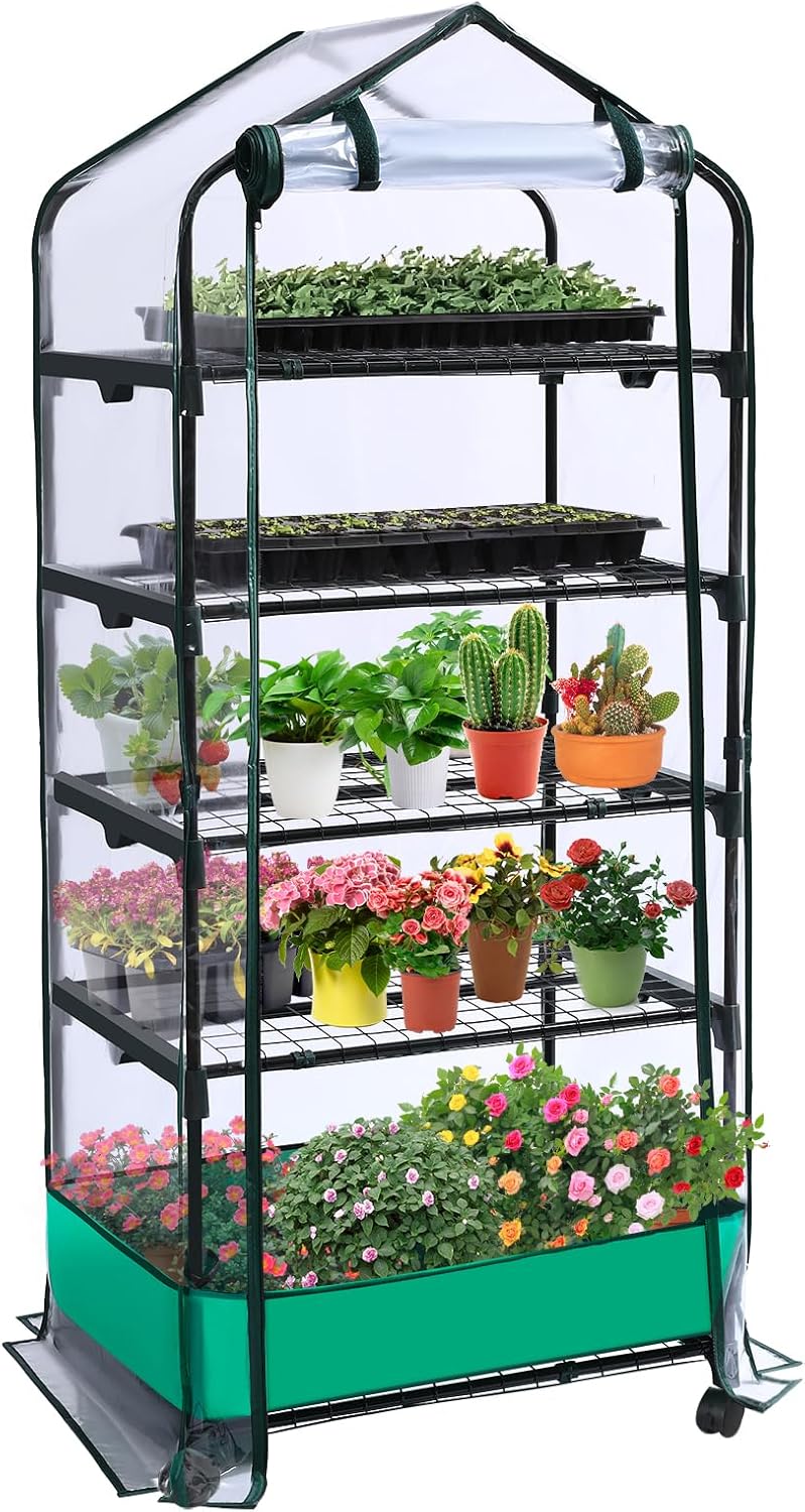 5 Tier Mini Greenhouse with Wheels for Indoor Outdoor, Portable Green House with PVC Cover and Shelves for Seedling, Greenhouse with Waterproof Mat and Cover Tape, Gardening Gifts for Women Men