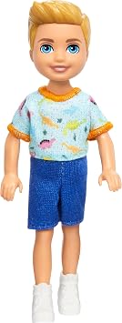 Barbie Chelsea Doll, Small Boy Doll Wearing Removable One-Piece with Dinosaur Print & White Shoes, Blond Hair & Blue Eyes