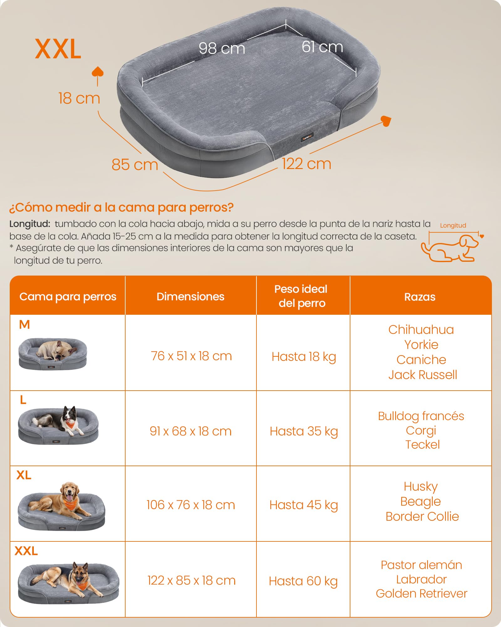 Feandrea Cama para Perros Extra Grandes, 122 x 85 x 18 cm, Ortopédica, Espuma de Nido de Abeja, Forro Repelente al Agua, Bordes Elevados, Funda Extraíble y Lavable, Gris Claro PGW284G01