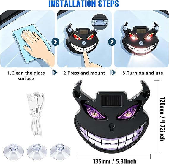 KaiDeng Zhe ソーラー デーモンアイ LED カーウィンドウ 雰囲気ライト アップグレード デビルアイライト フロントガラス吸盤用 ダイナミックフロントガラス アンビエントランプ ちらつき信号警告灯 - D4