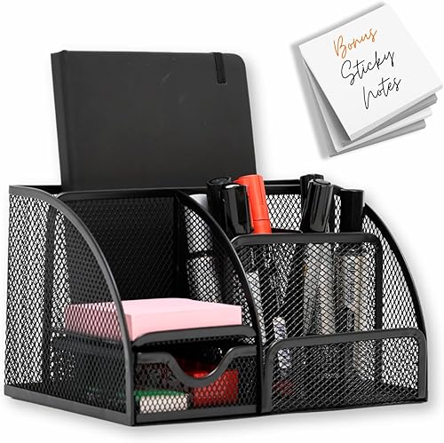 Organizador de escritorio de malla, accesorios de oficina con notas adhesivas, 6 compartimentos y cajón, soporte para bolígrafo para el hogar, la