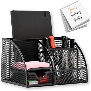 Mesh Desk Organizer - Office Accessories with Sticky Notes, 6 Compartments & Drawer, Pen Holder for Home, School