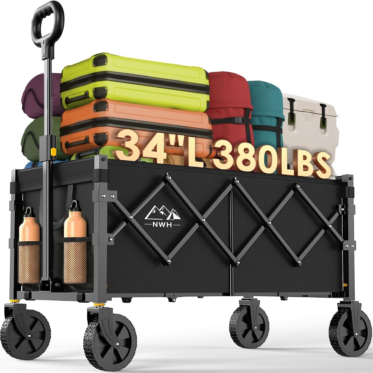 NWH Carro plegable extralargo de 34 pulgadas, 380 libras de gran capacidad, carros plegables con ruedas, carro utilitario plegable, resistente con ruedas todoterreno para playa, al aire libre, comestibles, camping, jardín