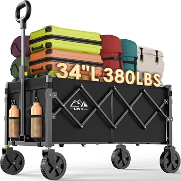 NWH 34 Extra Long Collapsible Wagon, 380lbs Large Capacity Folding Wagons Carts with Wheels Foldable, Heavy Duty Utility Cart with All-Terrain Wheels for Beach Outdoor Grocery Camping Garden