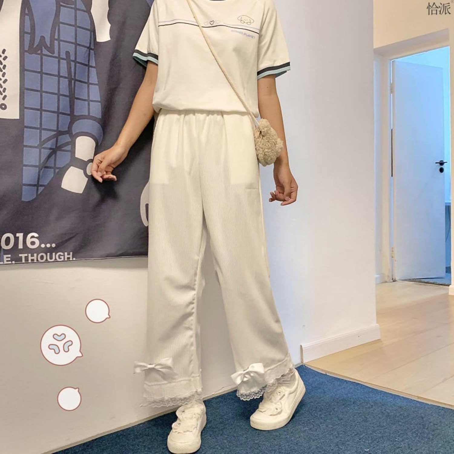 Lace Trim Pants With Bow Tie Kawaii Lolita Elastic Waist Straight Leg Sweatpants (White, XL, X-Large)