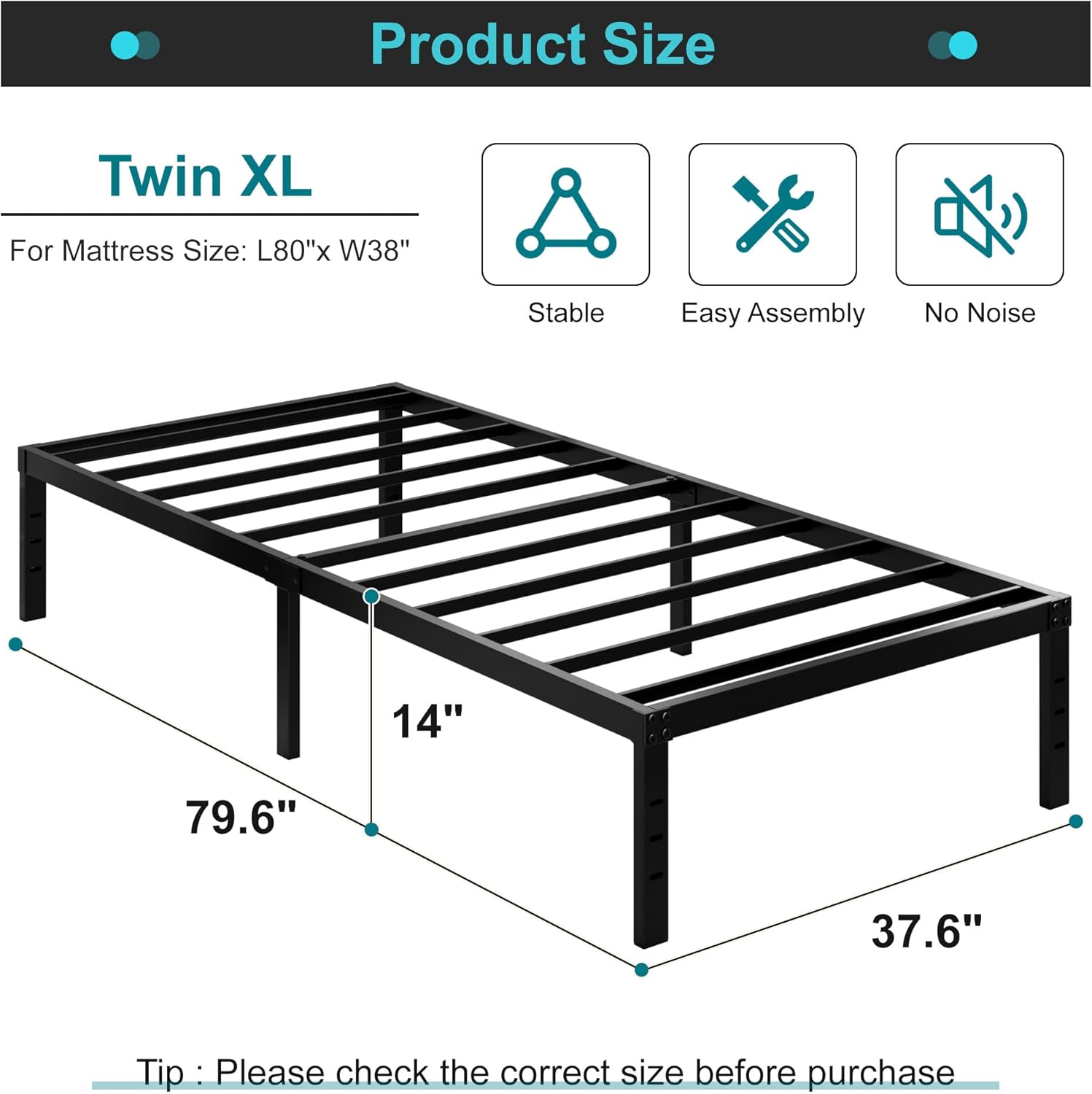 Twin XL Bed Frames No Box Spring Needed, 14 Inch Heavy Duty Metal Twin XL Platform Bed Frame Support Up to 2500 lbs, Easy Assembly, Noise Free, Black - Image 2