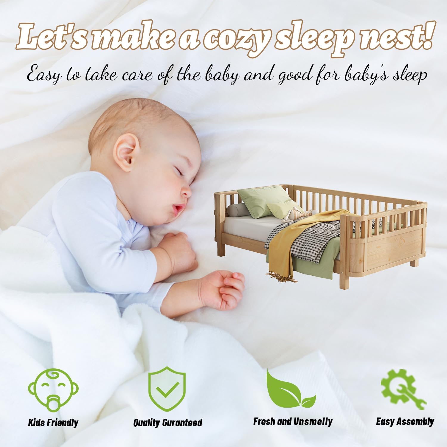 Twin Size Kids Bed Frame, Low Profile Montessori Twin Bed with Rails, Wood Daybed for Girls & Boys, No Spring Box Required, No Squeaks, Natural