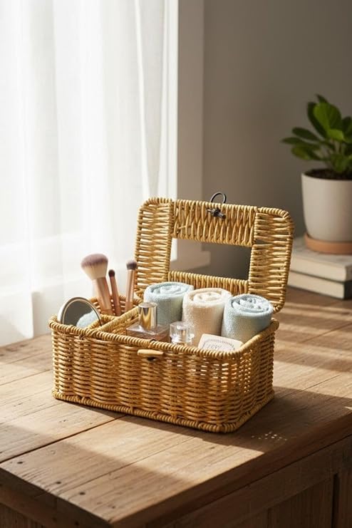 BUFFER Bölmeli Kapaklı Doğal Rattan Görünümlü Hasır Organizer Sepet, Peçetelik, Makyaj ve Takı Düzenleyici, Plastik, 24x10x10 cm