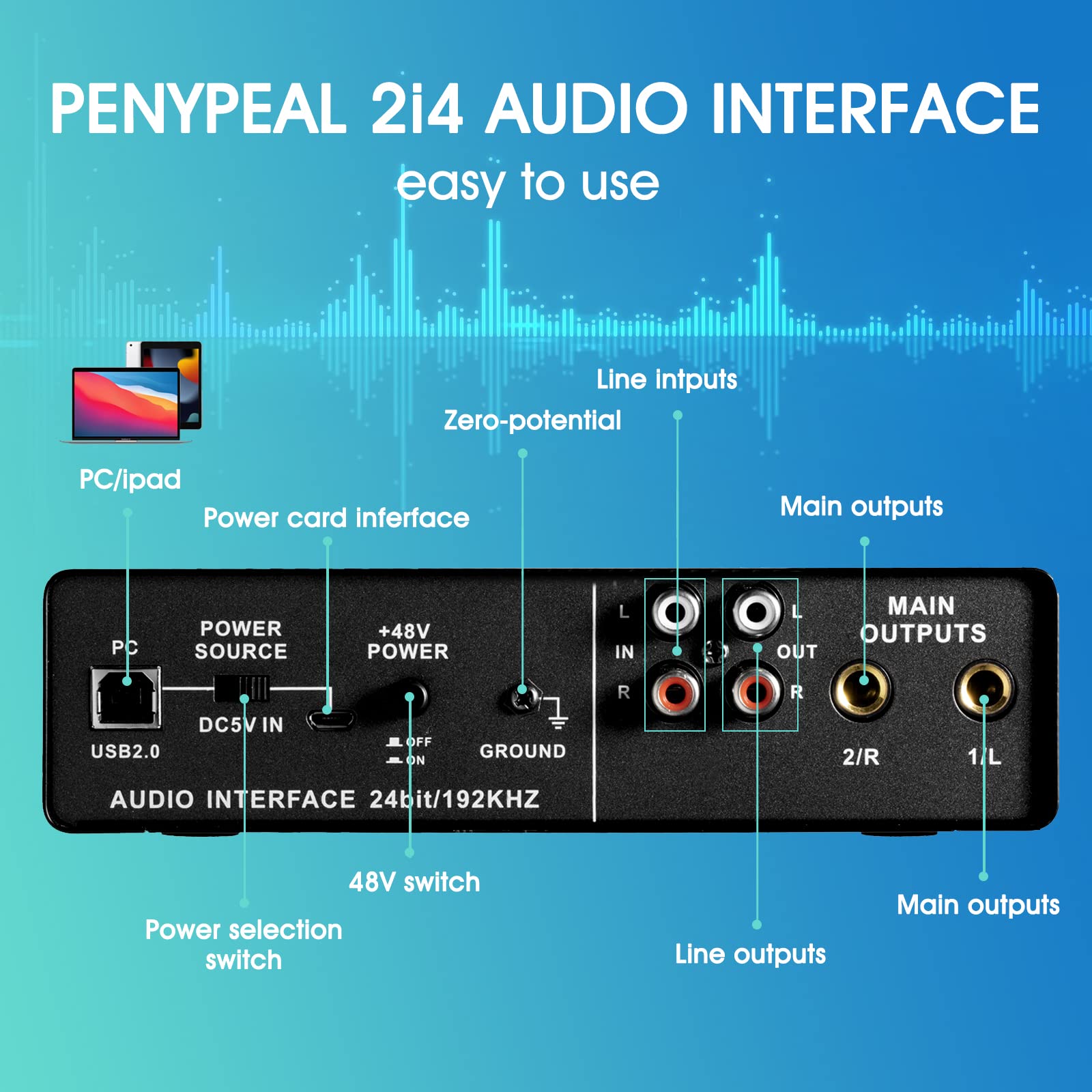 Buy penypeal USB Audio Interface for PC 2in 4out with XLR Mic