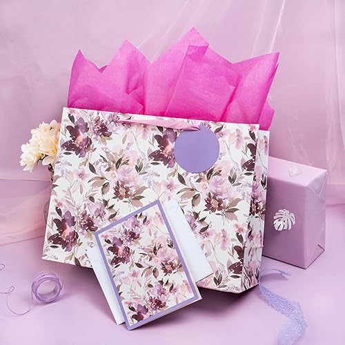 Miniatura 5 de MAYPLUSS Bolsa de regalo extra grande de 16 pulgadas con tarjeta de felicitación y papel de seda, floral morado para el día de la madre, cumpleaños