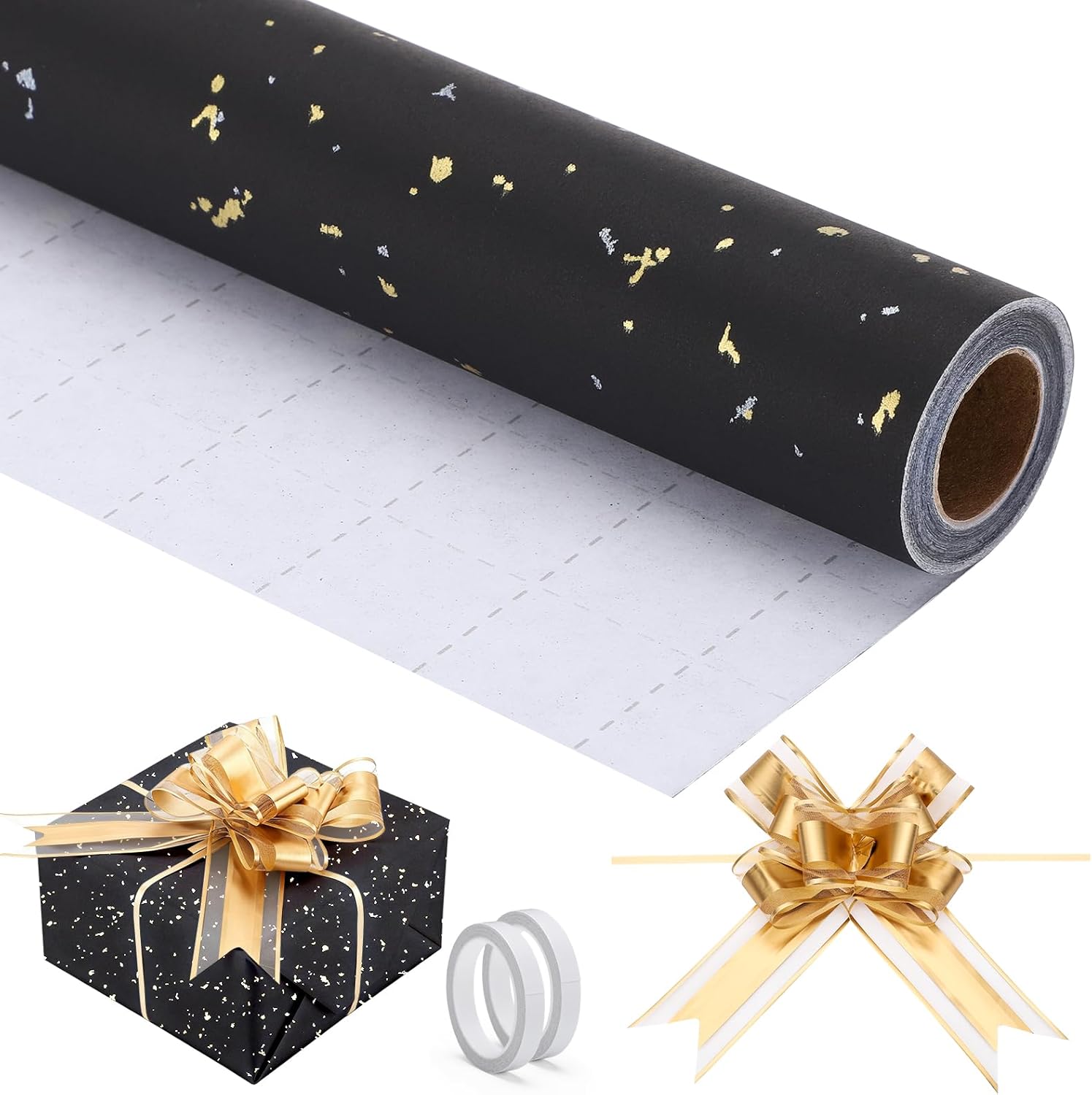 EUSOAR Black Wrapping Paper, 1 Roll 17 in x 32.8ft Black Gift Wrap with 10pcs Gold Pull Bows, Gifts Wrapping Paper Crafts DIY Bouquet Packaging for Anniversary Wedding Birthday Holiday Party