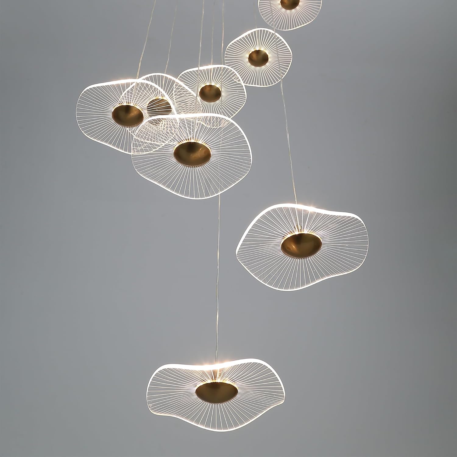 12-Light Modern Gold High Ceiling Chandelier with Remote, Dimmable LED Lotus Leaf Linear Pendant Lighting Fixture for Living Dining Room, Foyer, Enterway