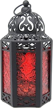Vela Lanterns Decorative Indoor Moroccan Candle Table Centerpieces, Red, S | Red Gothic Candle Lantern, Vintage Hanging Decor, Medieval Vampire Dark Academia Accent, Tealight Votive Holder, 8.5in