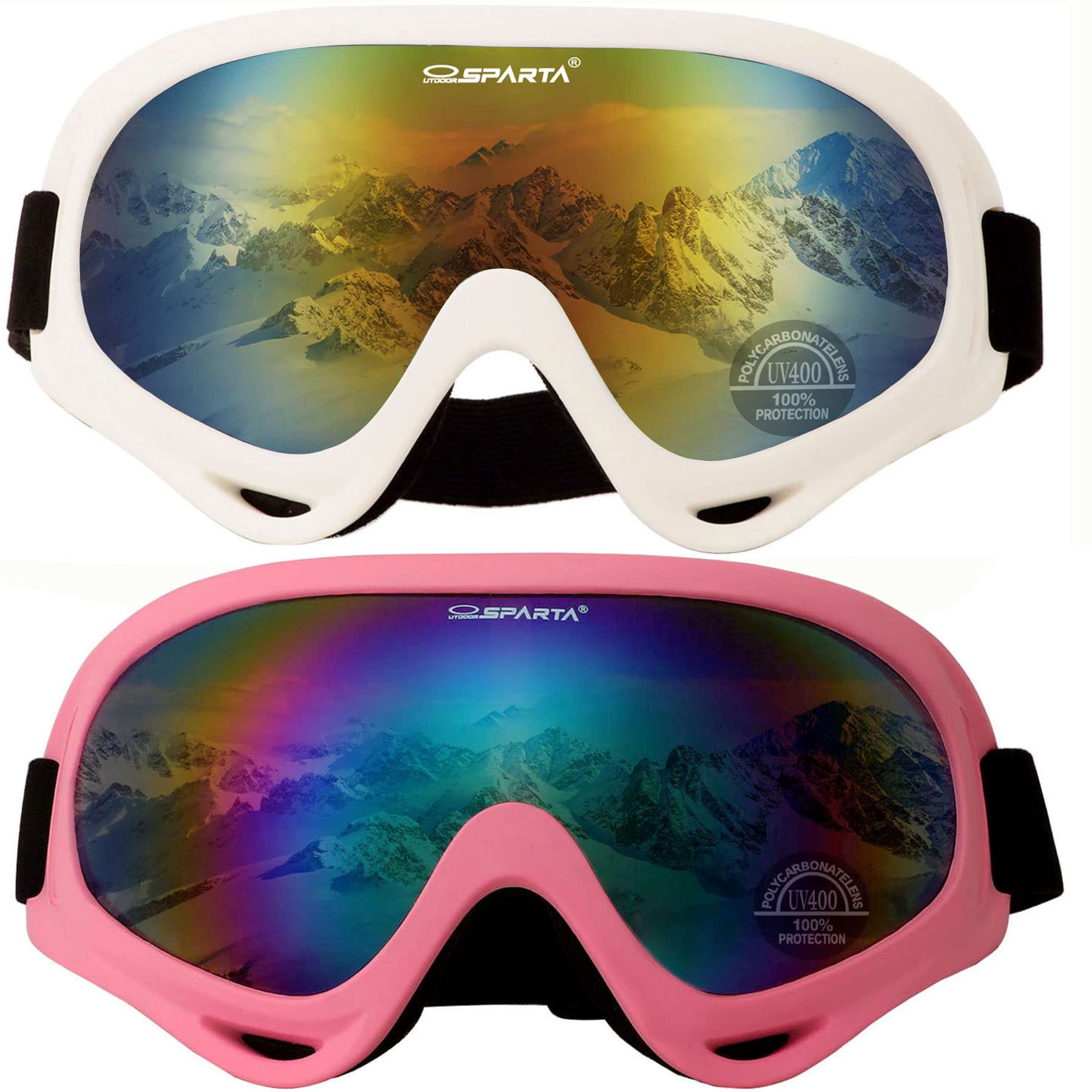 OUTDOORSPARTA 2-Pack Ski Goggles (6. White Frame, Mirrored Gold Lens; Pink Frame, Multiple Color Lens) - Image 2