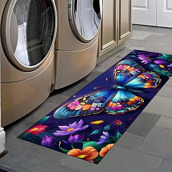 Purple Butterfly Runner Rug for Hallway,2x7ft Modern Flowers Long Corridor Runway Carpet,Kitchen Runner Rugs,with Rubber Backing Non Skid Washable Carpet,Indoor Home Decor Floor Mat