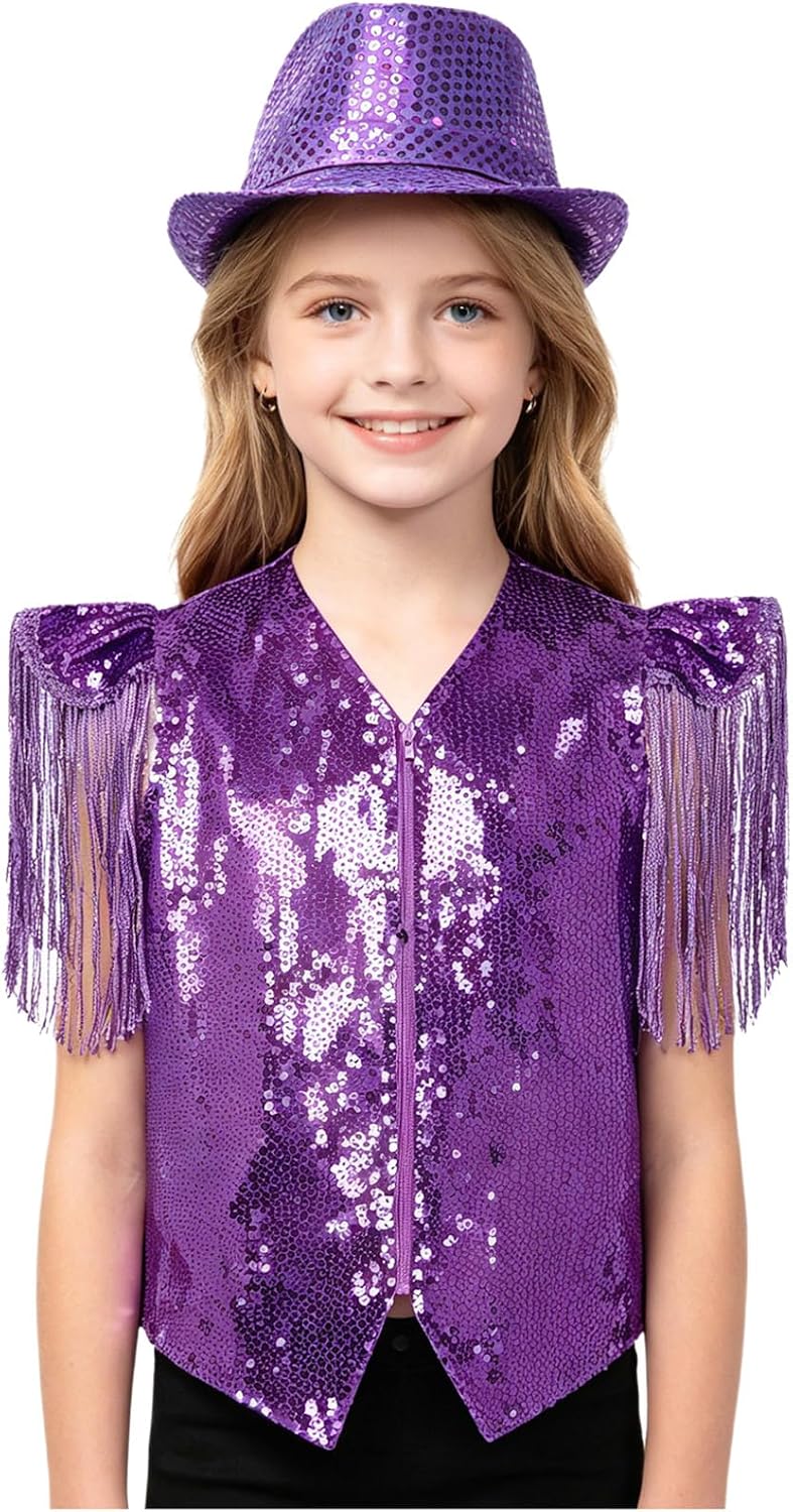 Linjinx Shiny Dance Vest for Boys Sequin Hat Set Performance Stretchy Top Trimmed Carnival