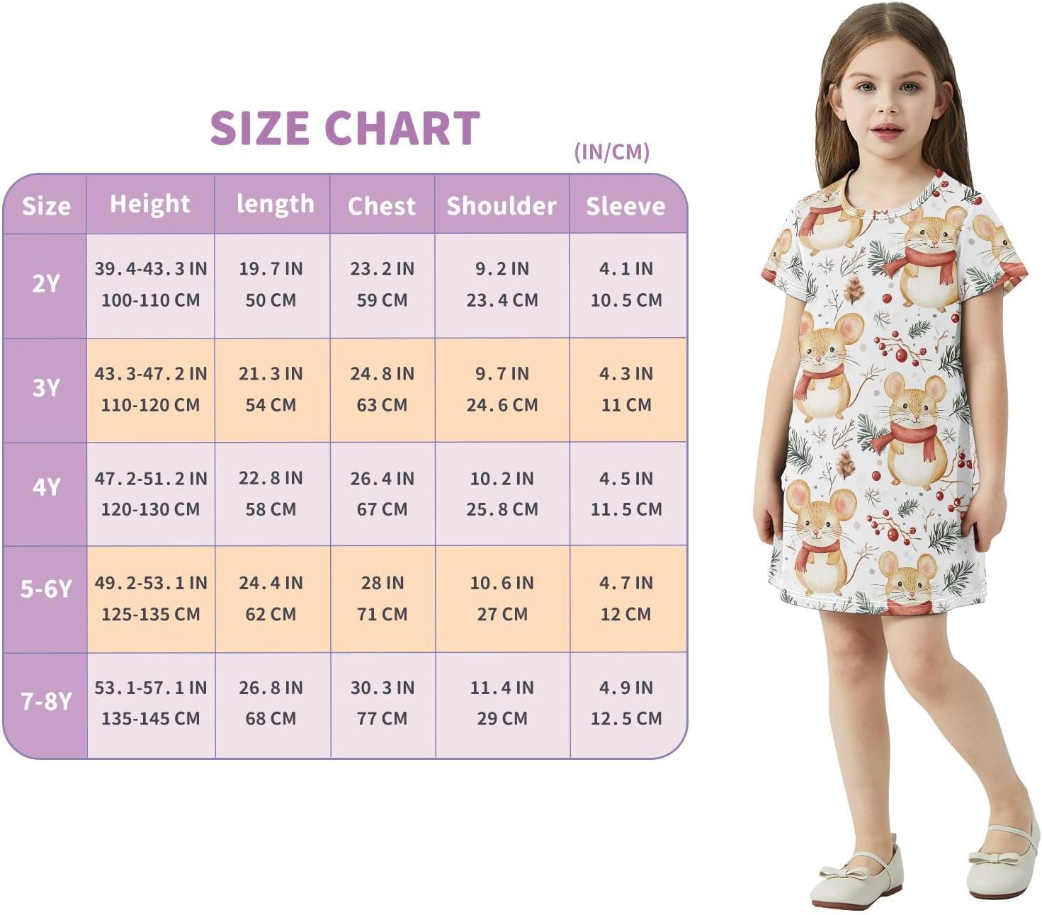 Watercolor Mouse Girls Dresses Summer Dresses for Girls with Cotton Short Sleeves for Casual a Line Dress Size 2-8Y