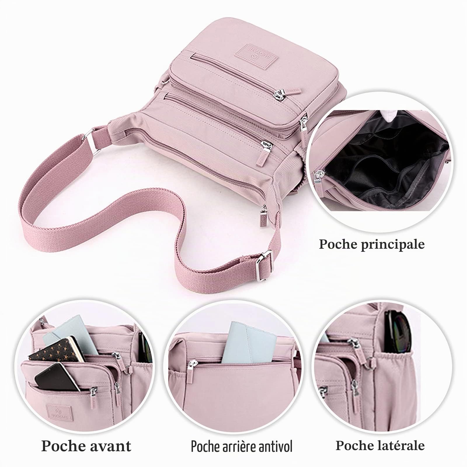 Femme Sac à Bandoulière Sac D'épaule de Loisir Multi-Poches Nylon Sac de Messager Sac à Main pour Voyage Randonnée Usage Quotidien