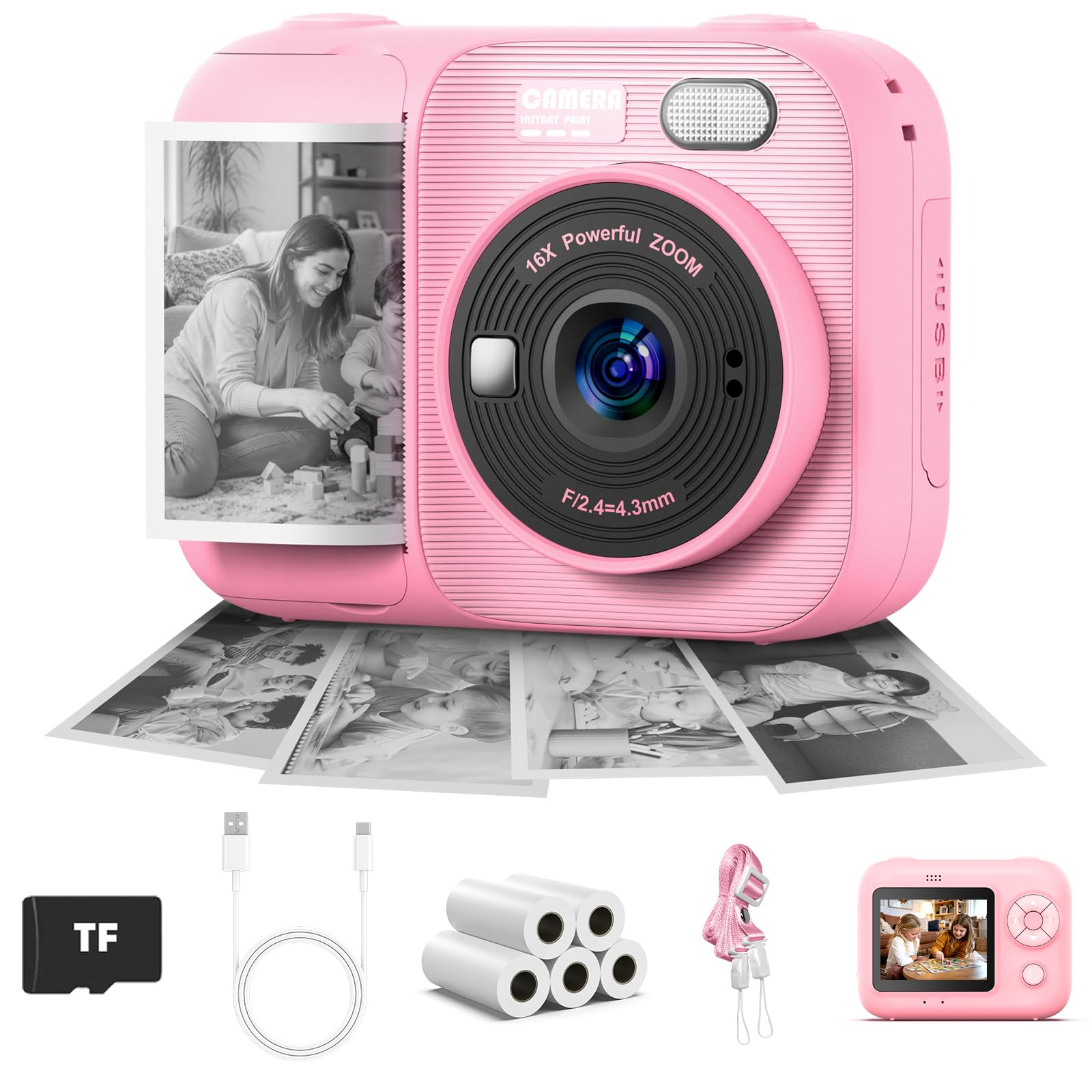Kids Camera Instant Print with 5 Rolls Print Paper, Instant Camera for Kids with TF Card, 1080P Kids Digital Video Recorder, Gift Toy for Boys Girls (Pink)