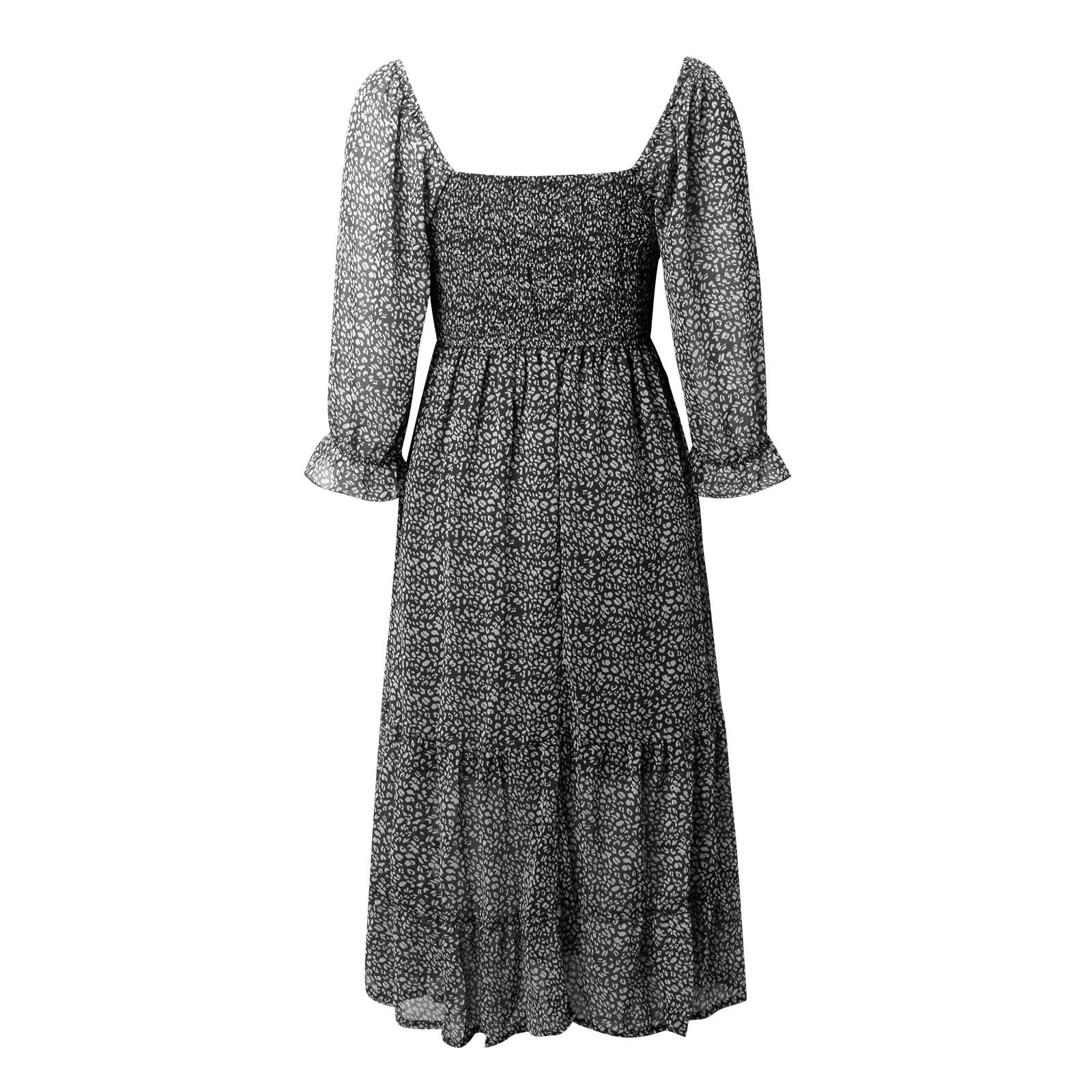 Moda damska elegancka damska letnia sukienka midi na co dzień wiosenne bufiaste rękawy kwadratowy dekolt linia A zwiewne boho kwiatowe sukienki z marszczeniem dla gości weselnych