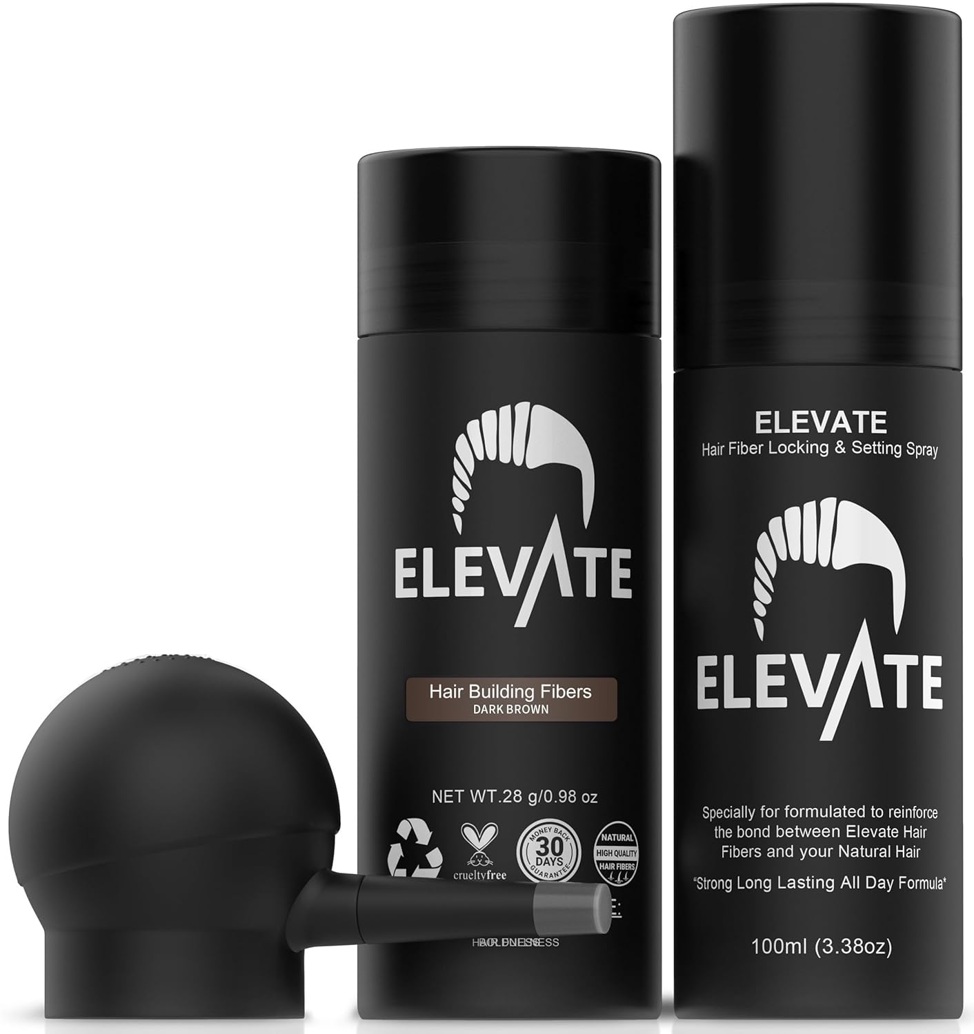 Elevate Hair Fibers Kit & Holding Spray Bundle 3-in-1 Hair Thickening Fibers with Spray Applicator & Locking Spray for All-Day Hold – Instantly Conceal Thinning Hair for Men & Women (Dark Brown)