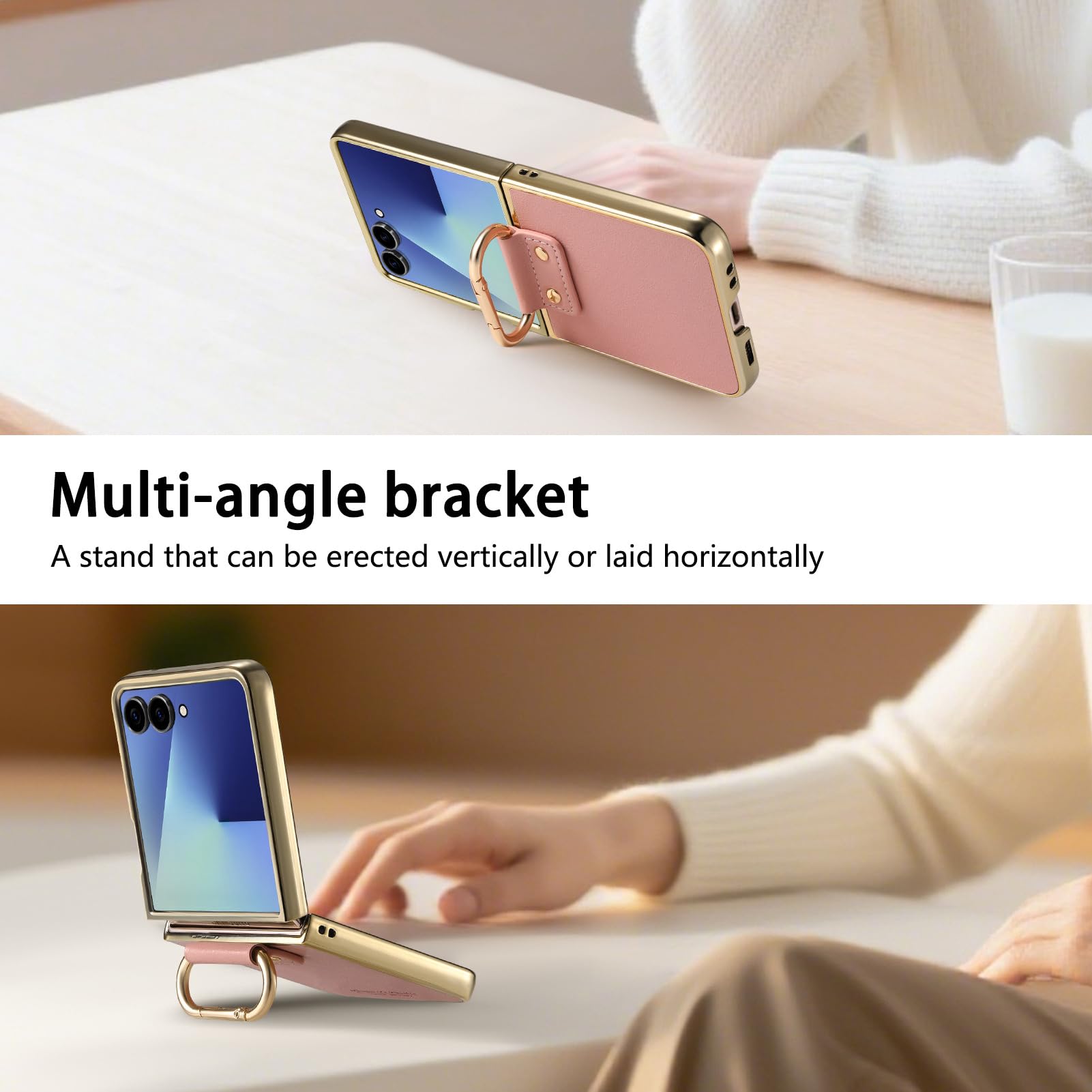Skórzane etui do Motorola RAZR 70 Ultra/70+/70, platerowany pierścień wisiorek cienka obudowa stylowa złota krawędź zapobiegająca upadkowi pokrowiec, różowy, 70