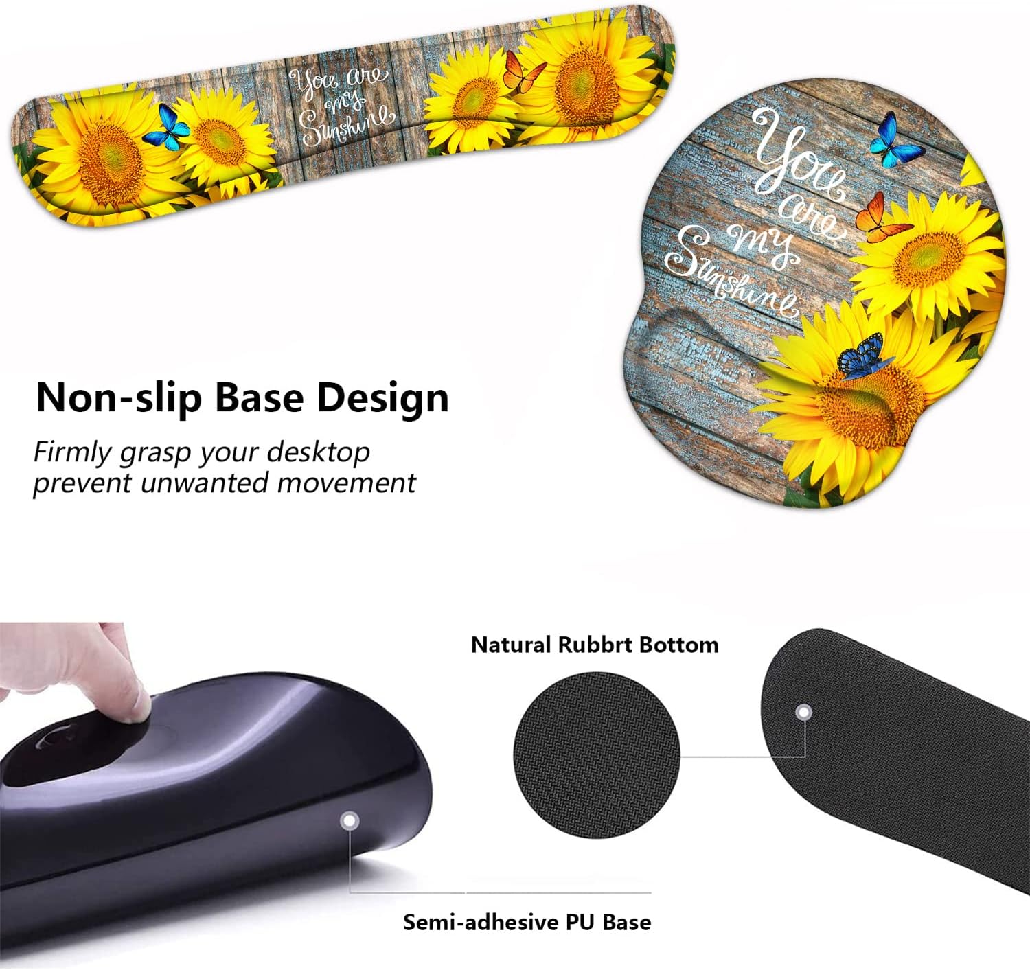 Keyboard Wrist Rest and Mouse Pad Wrist Support Set with Coasters, Ergonomic Gaming Mousepad for Home Office Working Studying Easy Typing & Pain Relief, Sunflower, You are My Sunshine