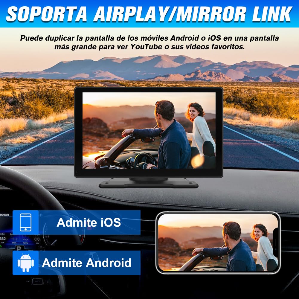 Pantalla Carplay para Coche con CarPlay/Android Auto Inalámbrico, Pantalla Táctil de 9 Pulgadas Portátil, Admite Bluetooth/Mirror Link/Control por Voz/USB/TF/AUX, Negra
