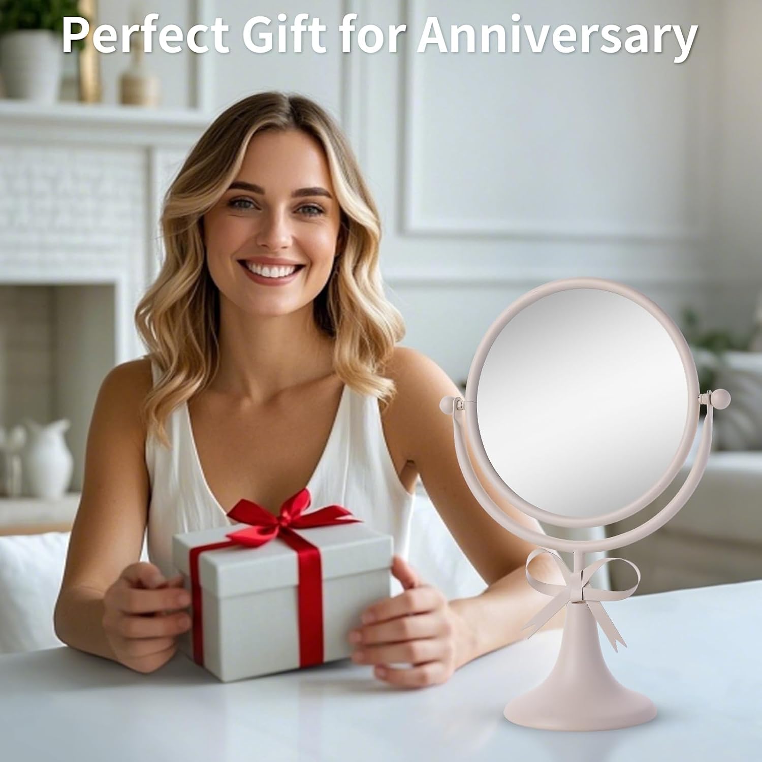 Tabletop Vanity Makeup Mirror with Metal Frame Silver Bow Desk Table Mirror with 360°Adjust Dressing Room Bedroom Bathroom Favor Decor